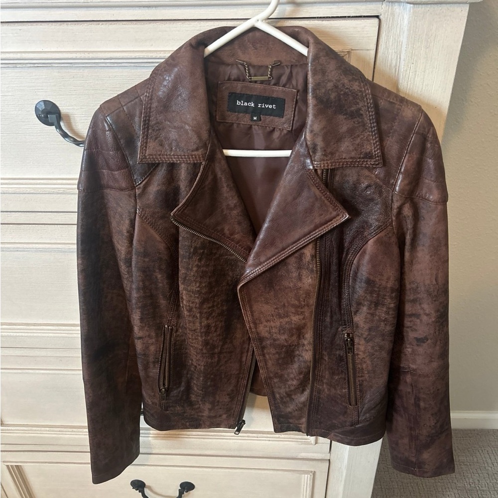 Black Rivet Women's Distressed Brown Leather Jacket